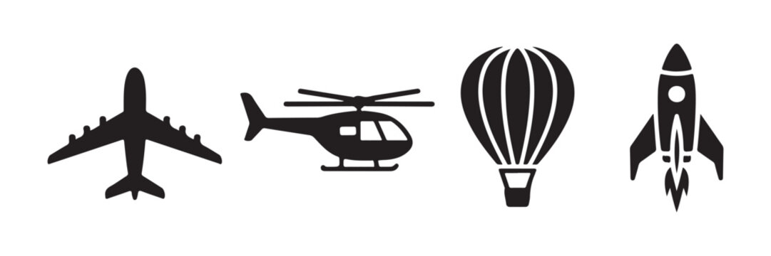 Air transportation vector icon collection displaying airplane helicopter striped balloon and rocket.