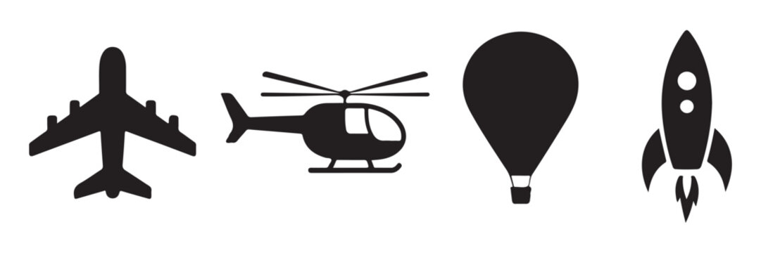 Aviation and space transportation vector icons showing plane helicopter hot air balloon and rocket.