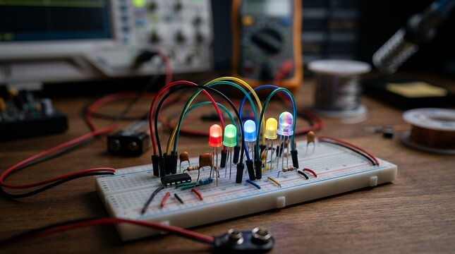 Vibrant multicolored light emitting diodes attached to a solderless breadboard circuit with shallow depthfield representing electronics prototyping scientific research and creative DIY