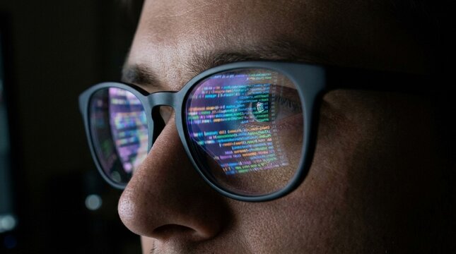 Lines of code reflected in developer glasses at night, software development, programming and cybersecurity concept