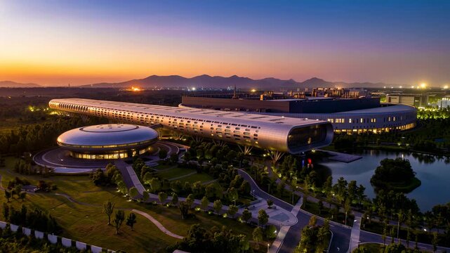 aerial view of tsmc semiconductor manufacturing plant in nanjing china from sunset into night timelapse video