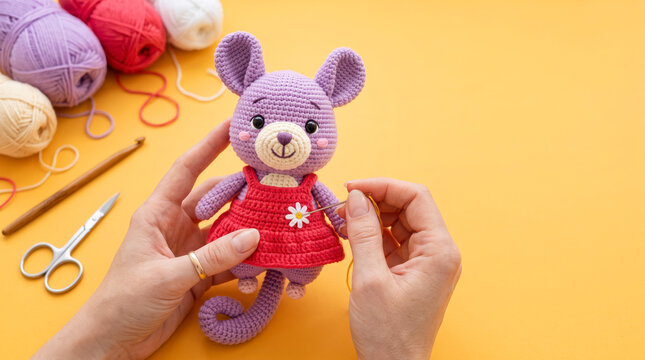 Mouse in a crochet dress with a daisy getting final stitches by hand among yarn balls, scissors and hooks on a sunny backdrop, sewing doll clothes for an amigurumi girl toy