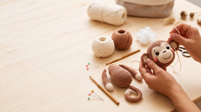 Monkey head being sewn by hand next to its crocheted body and curly tail with pins, yarn and stuffing on a light desk, amigurumi parts assembly in a calm home craft space