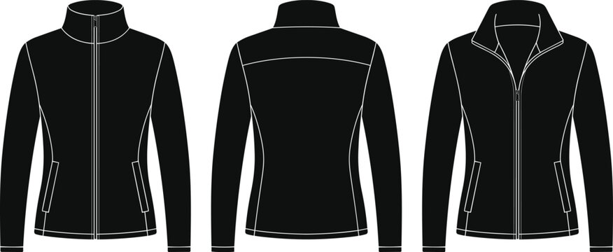 Black fleece jacket vector mockup featuring front, back, and open zipper views for apparel fashion design