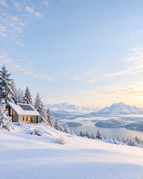Alpine Winter Haven: A cozy cabin nestled on a snow-covered slope overlooks a serene lake and majestic mountains under a clear winter sky, offering a picturesque retreat.