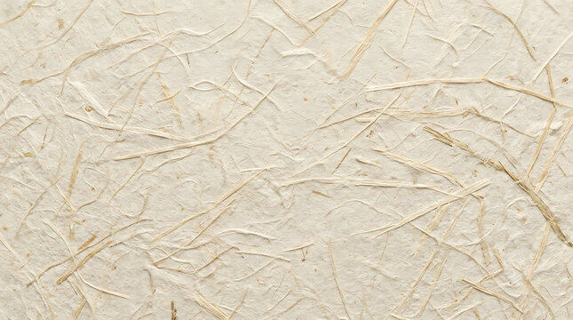 Handmade recycled washi paper texture featuring visible long plant fibers and organic straw bits creates natural ivory background for eco friendly brand design.