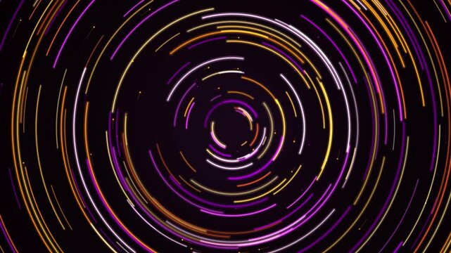 Abstract Glowing Neon Circles and Dashed Lines Rotating in Endless Motion on a Dark Background