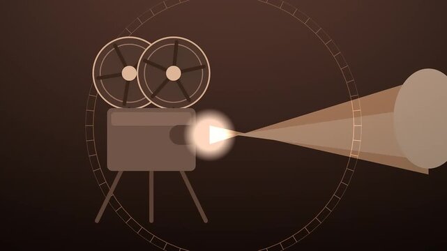 Vintage movie projector animation, retro film camera light beam concept, classic cinema theater intro motion background
