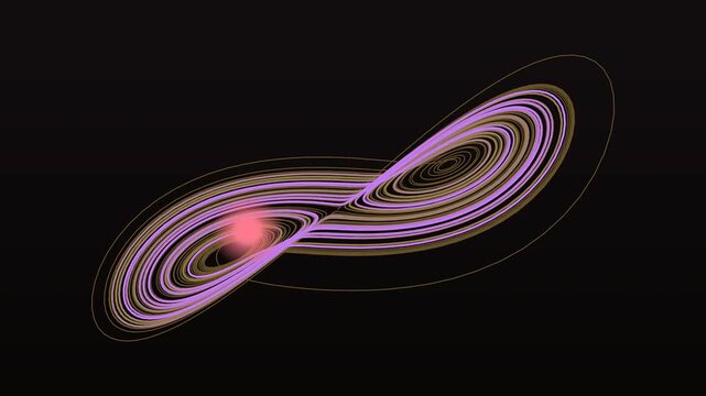 Abstract Lorenz attractor butterfly diagram animation, glowing mathematical chaos theory visualization loop, neon mathematical physics model background