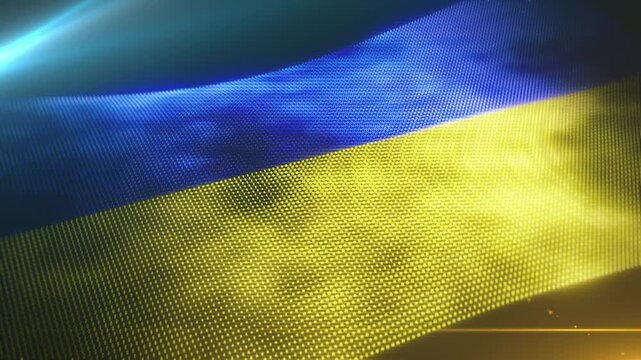 Digital flag of Ukraine waving on screen, made of blue and yellow LED dots