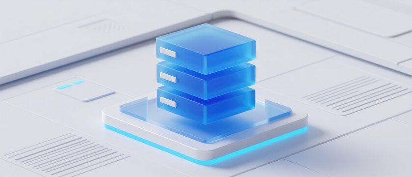 Modern blue database server stack on glowing digital platform surrounded by minimalist white interface panels, idea for secure cloud storage and network technology presentation