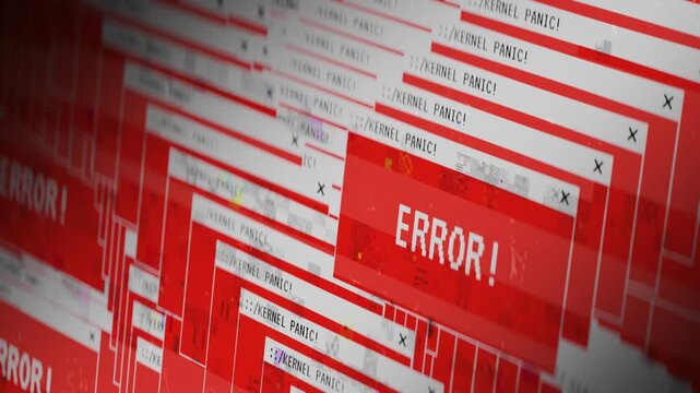 Multiple pop-up windows with error message fill the computer screen, system down