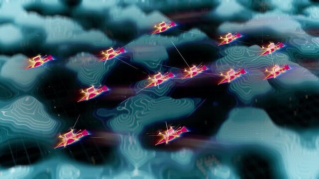 Formation of military drones carrying payloads fly toward enemy target location