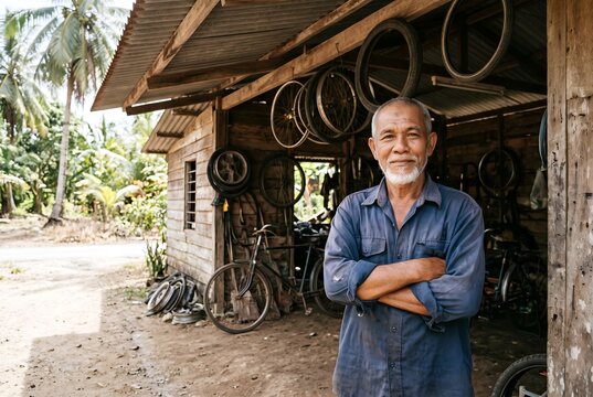 Older man standing proudly in his village bicycle repair shop