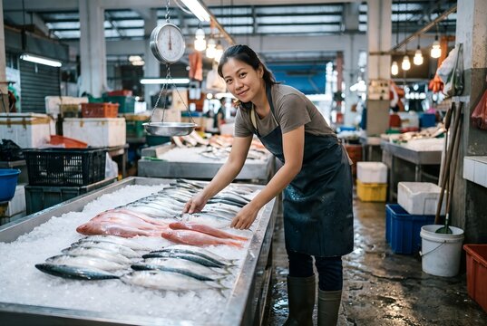 Young woman fishmonger arranging fresh catch on ice at a wet market