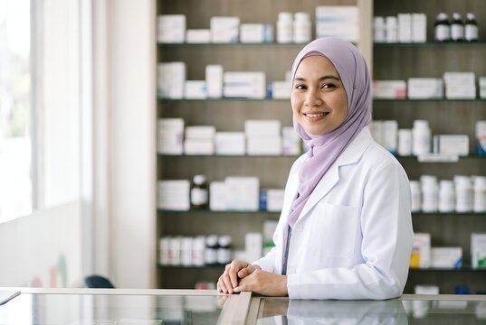 Pharmacist in a headscarf ready to help at a community pharmacy