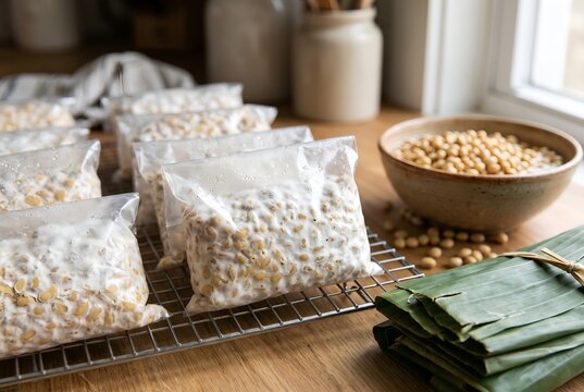 Homemade tempeh starting to ferment in bags on a cooling rack