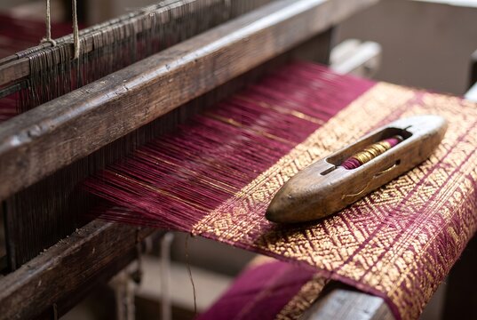 Close-up of gold thread being woven on a traditional handloom