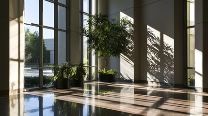 Fototapeta premium Sunlight streams through tall casting sharp shadows across a polished floor with potted plants in a modern building lobby