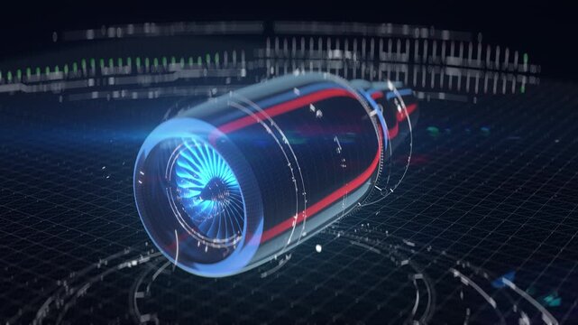 Industrial 3D visualization of turbofan jet engine in futuristic HUD design
