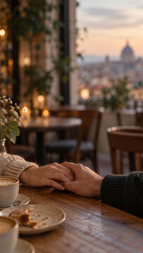 Intimate Evening: A couple holds hands across a table in a cozy restaurant, sharing a romantic moment with city lights and a dome in the background as the sun sets.