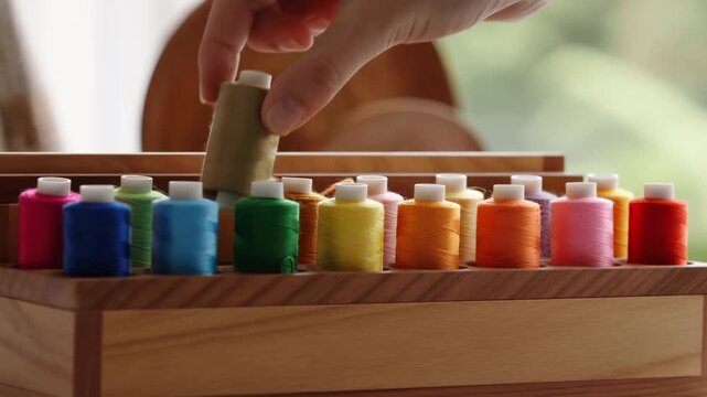 Hand selects and lifts olive thread spool from wooden organizer filled with colorful sewing supplies, with soft window light highlighting rows of thread in close-up indoor view