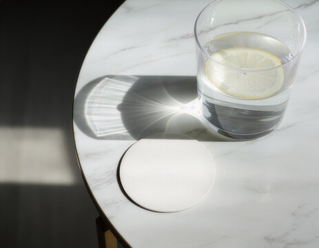 Blank white round coaster mockup beside a glass of lemon water on a sunlit white marble table