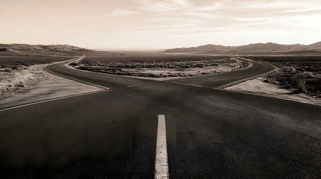 An empty road splits into three directions across a vast desert landscape under a soft sky