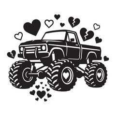 Black silhouette of valentine monster truck with hearts graphic design © MKMohsin