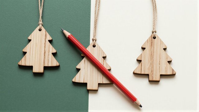 Wooden Christmas tree ornaments hanging with a red pencil
