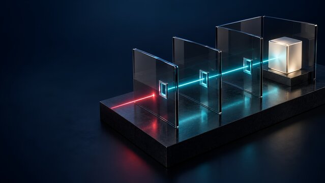 Red laser beam transforming to blue through sequential glass filters illuminating target cube representing targeted data filtering and cybersecurity