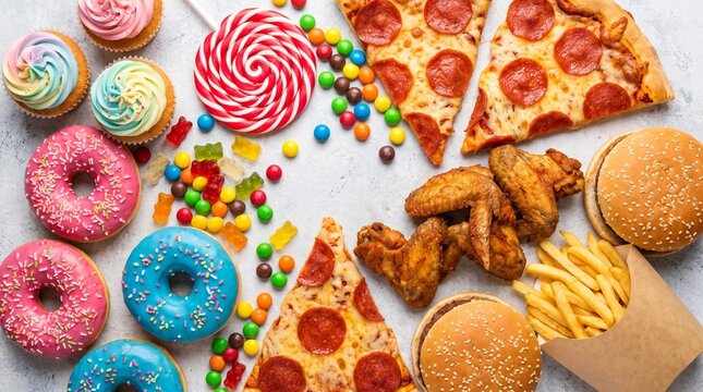 Colorful junk food assortment with pizza burger fries donuts candy on light wooden surface