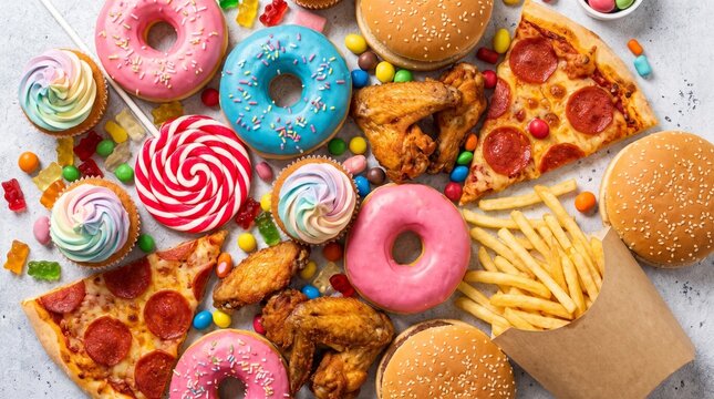Assorted junk food spread including pepperoni pizza burgers donuts fried chicken and french fries on white background