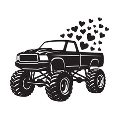 Valentine black silhouette of monster truck carrying floating hearts graphic design © MKMohsin