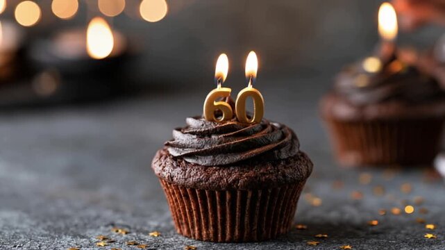 A decadent chocolate cupcake topped with rich frosting and lit candles displaying the number 60 creates a celebratory atmosphere. ..Created with Generative AI, not depicting real subjects.