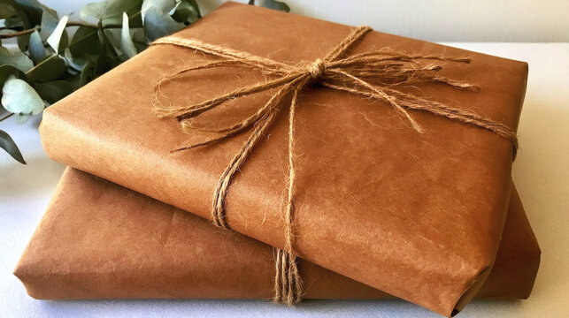 Two Gifts Wrapped in Brown Kraft Paper with Jute Twine and Eucalyptus Leaves