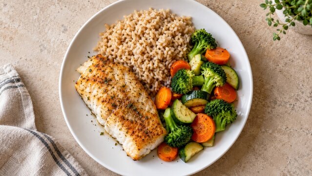 Grilled white fish with rice and steamed vegetables on a plate. Balanced meal for digestive health. Healthy eating and disease prevention. Nutritious home cooking, overhead view.