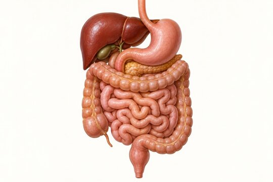 Detailed anatomical illustration of the human digestive system and abdominal organs. Digestive health and disease prevention. Gastroenterology and medical education. Human anatomy reference
