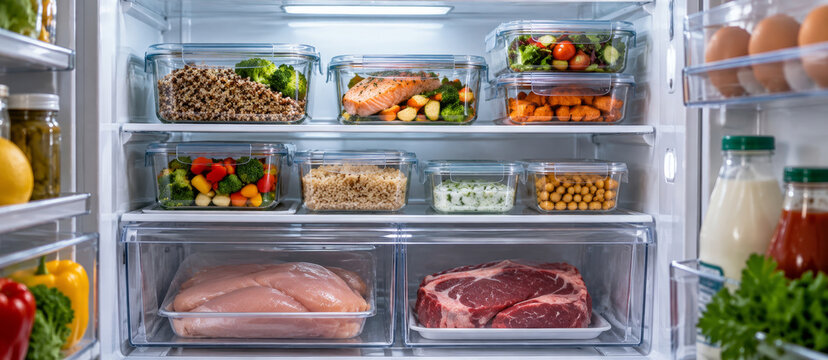 Refrigerator filled with fresh meal prep containers, vegetables, grains, salmon and meat. Healthy eating for digestive health and disease prevention. Balanced nutrition, food storage
