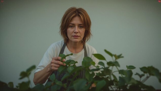A woman in an apron holds a knife in front of a plant, possibly preparing to harvest or tend to it