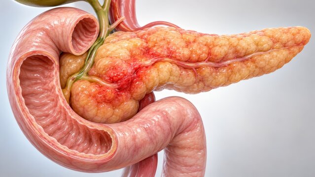 Inflamed pancreas beside the duodenum in digestive system anatomy. Pancreatitis and pancreatic disease. Gastroenterology, diagnosis and prevention. Detailed medical illustration