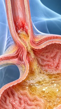 Cutaway illustration of stomach acid flowing through the digestive tract. Digestive system disease and prevention. Gastroesophageal reflux and acid reflux. Human anatomy and medical