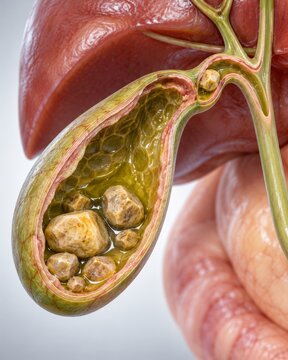 Cutaway gallbladder containing multiple gallstones beside the liver. Digestive system disease and biliary health. Cholelithiasis, diagnosis and prevention. Medical anatomy education