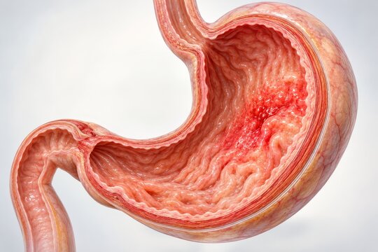 Cutaway view of stomach with inflamed, irritated lining. Gastritis and digestive disease. Gastrointestinal health, diagnosis and prevention. Human anatomy medical illustration