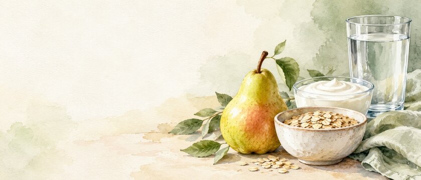 Watercolor still life of pear, oatmeal, yogurt and water for digestive health. High fiber foods support digestion and disease prevention. Healthy breakfast, nutrition and wellness concept.