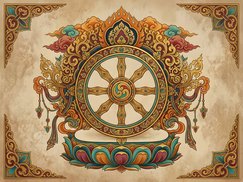 Ornate Dharmachakra Wheel of Dharma with intricate Tibetan Buddhist motifs and lotus base.