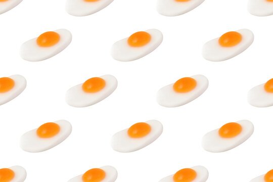 Fried Egg Gummy Candy Seamless Pattern on Transparent Background