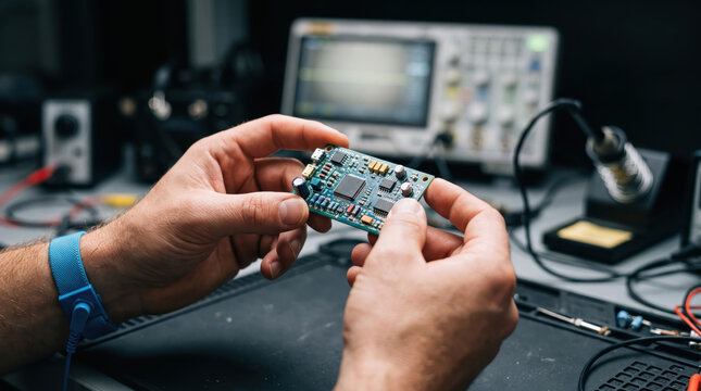 Close Up of Electronics Engineer Hands Holding Printed Circuit Board at Laboratory Workbench with Oscilloscope