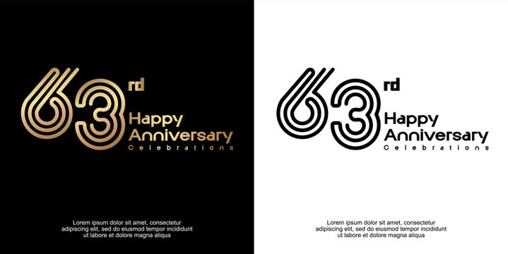 63rd anniversary logo style with golden and black line number. Modern luxury vector typography templates on dark and white background for celebration event.