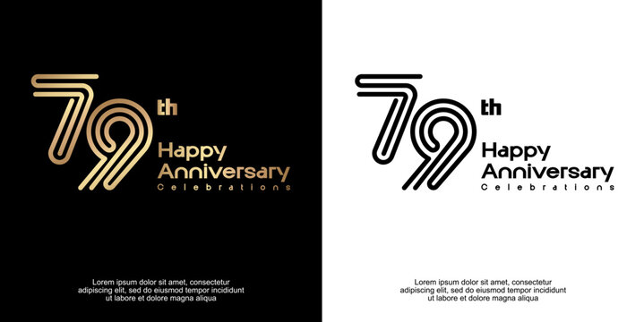 79th anniversary logo style with golden and black line number. Modern luxury vector typography templates on dark and white background for celebration event.